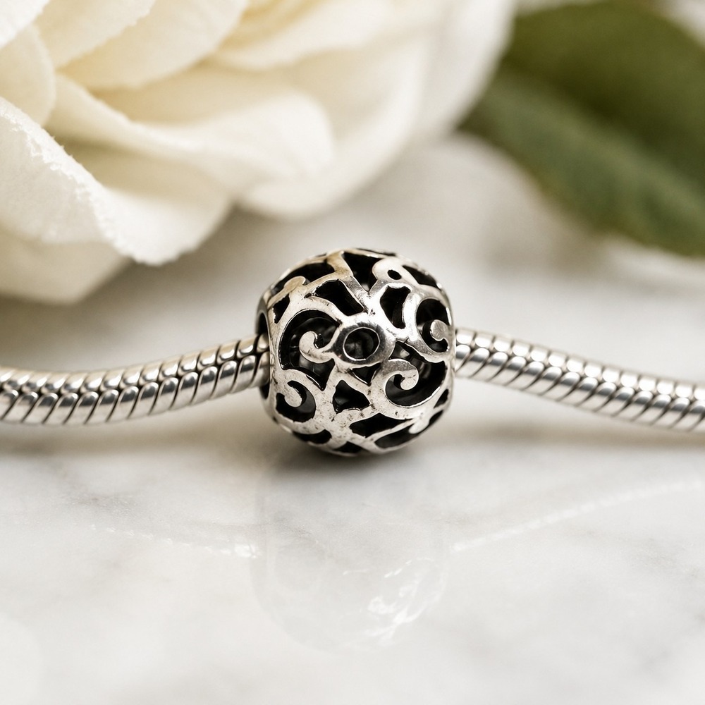 Authentic‎ Chamilia Sterling Silver Hollow Filigree Bead Charm 925 Openwork...